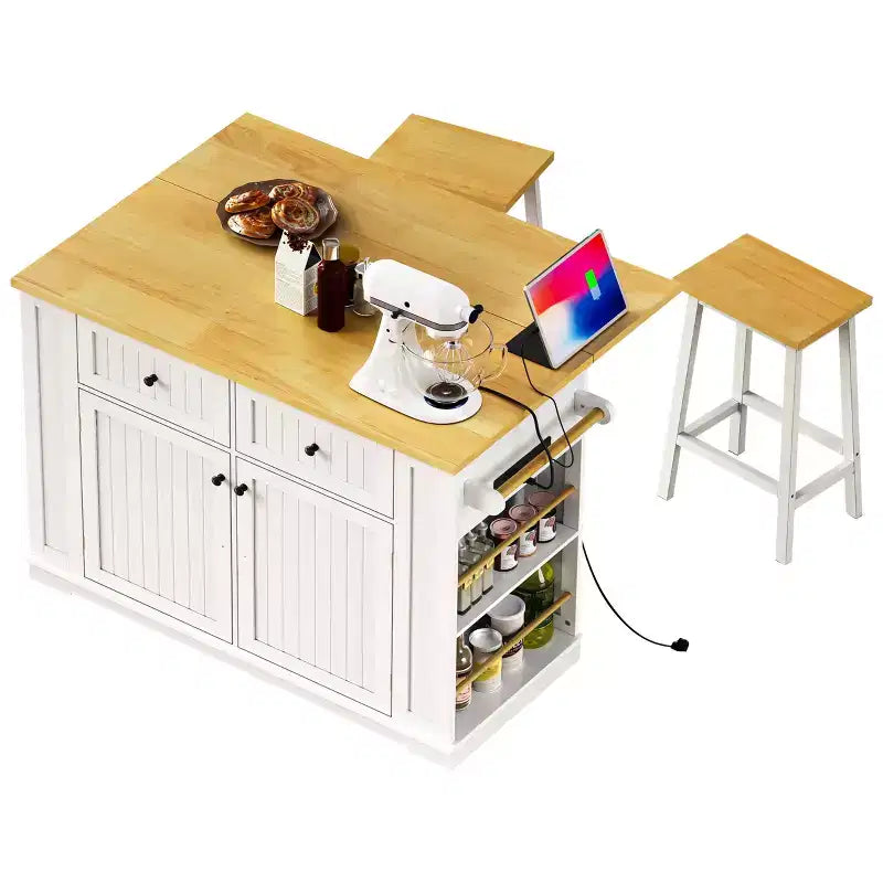 Îlot de cuisine de 48 po avec abattant, prise de courant, étagère de rangement interne, 2 tiroirs, chariot roulant sur 5 roulettes avec 5 étagères latérales ouvertes