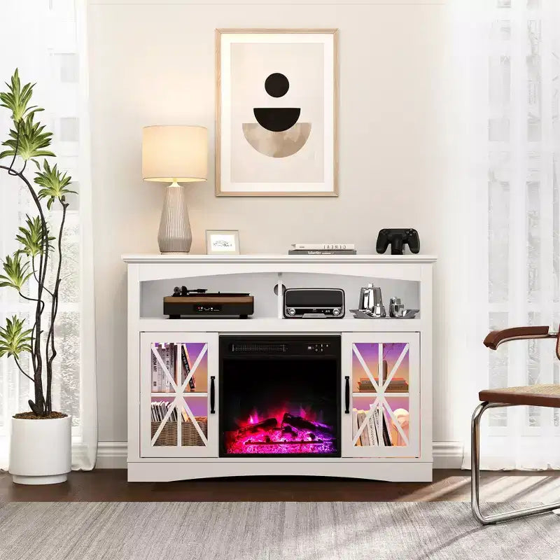 Heynemo Farmhouse TV Stand with 18'' Fireplace Insert, 47'' TV Console with Glass Doors & LED Lights, Media Entertainment Center with Shelves