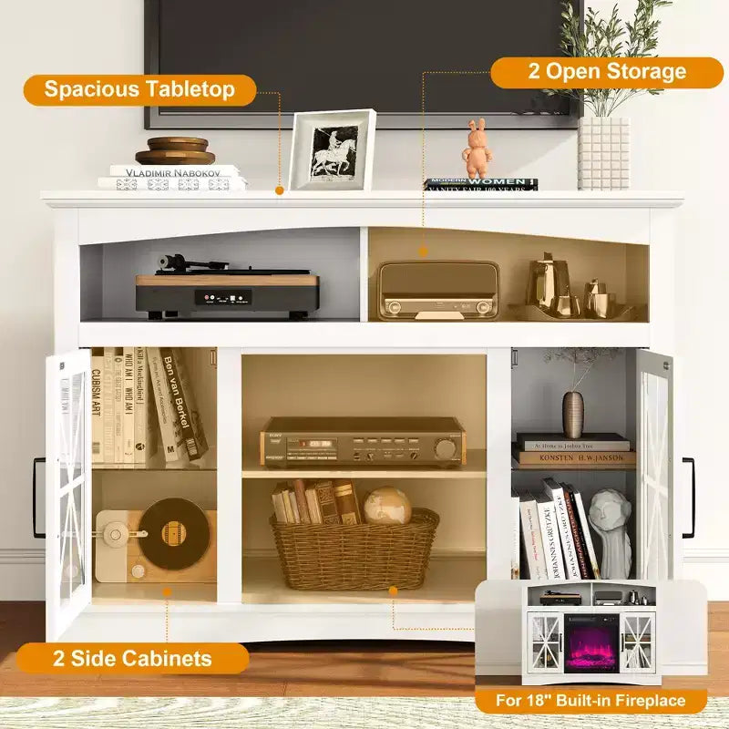 Heynemo Farmhouse TV Stand with 18'' Fireplace Insert, 47'' TV Console with Glass Doors & LED Lights, Media Entertainment Center with Shelves