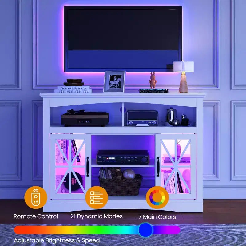 Heynemo Farmhouse TV Stand with 18'' Fireplace Insert, 47'' TV Console with Glass Doors & LED Lights, Media Entertainment Center with Shelves