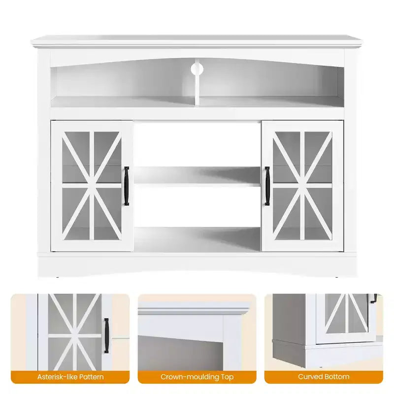 Heynemo Farmhouse TV Stand with 18'' Fireplace Insert, 47'' TV Console with Glass Doors & LED Lights, Media Entertainment Center with Shelves
