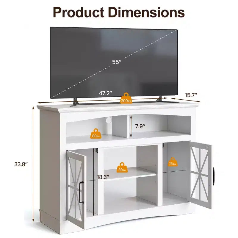 Heynemo Farmhouse TV Stand with 18'' Fireplace Insert, 47'' TV Console with Glass Doors & LED Lights, Media Entertainment Center with Shelves