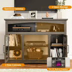 Heynemo Farmhouse TV Stand with 18'' Fireplace Insert, 47'' TV Console with Glass Doors & LED Lights, Media Entertainment Center with Shelves