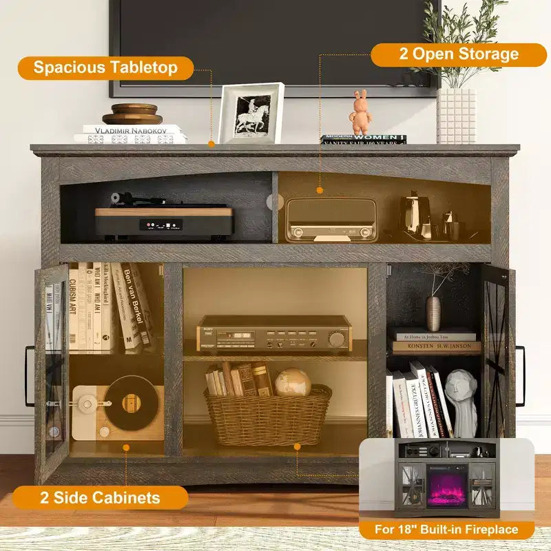 Heynemo Farmhouse TV Stand with 18'' Fireplace Insert, 47'' TV Console with Glass Doors & LED Lights, Media Entertainment Center with Shelves