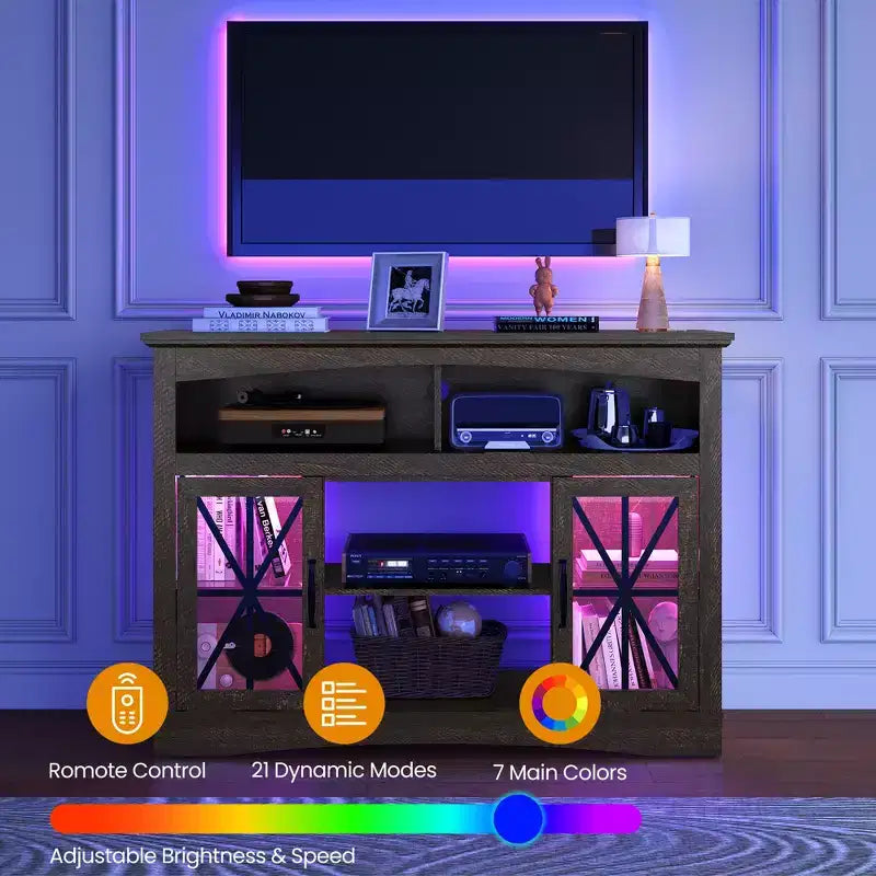 Heynemo Farmhouse TV Stand with 18'' Fireplace Insert, 47'' TV Console with Glass Doors & LED Lights, Media Entertainment Center with Shelves