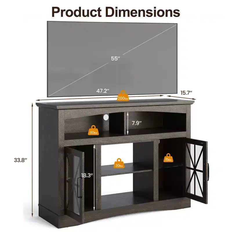 Heynemo Farmhouse TV Stand with 18'' Fireplace Insert, 47'' TV Console with Glass Doors & LED Lights, Media Entertainment Center with Shelves