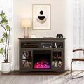 Heynemo Farmhouse TV Stand with 18'' Fireplace Insert, 47'' TV Console with Glass Doors & LED Lights, Media Entertainment Center with Shelves