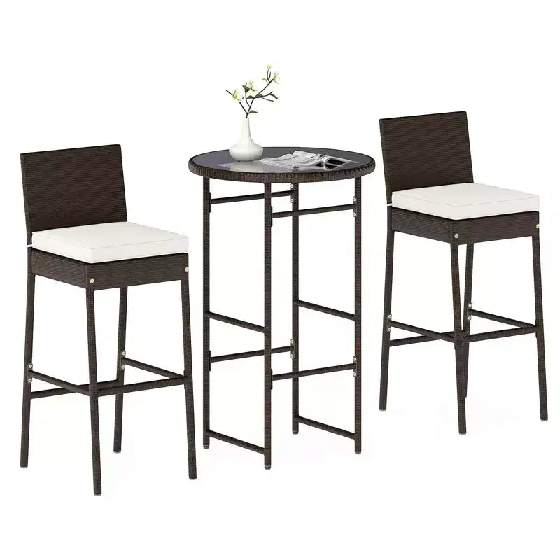 Costway 3 Piece Outdoor Bar Set Patio Rattan Bar Height Table & Chairs with Glass Tabletop