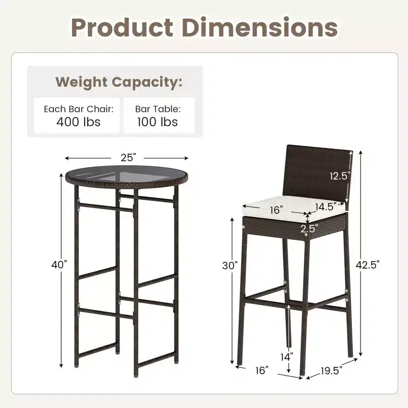 Costway 3 Piece Outdoor Bar Set Patio Rattan Bar Height Table & Chairs with Glass Tabletop