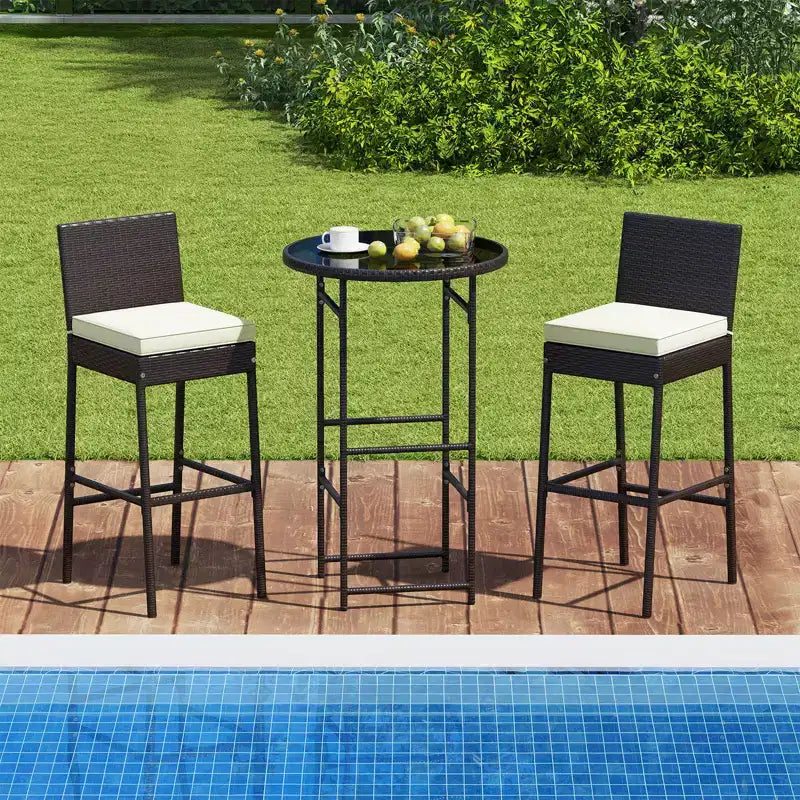 Costway 3 Piece Outdoor Bar Set Patio Rattan Bar Height Table & Chairs with Glass Tabletop