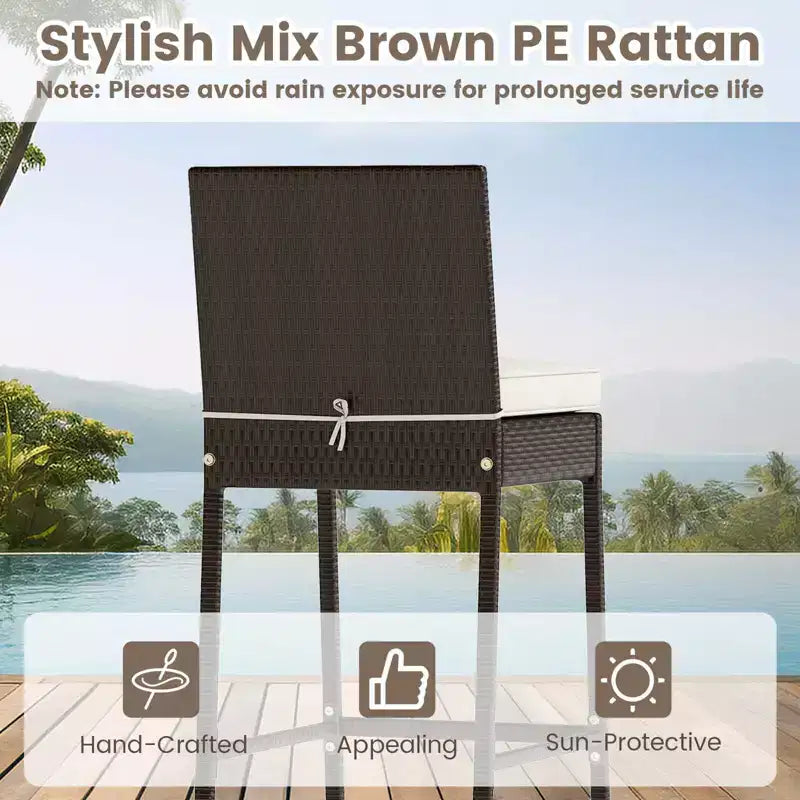 Costway 3 Piece Outdoor Bar Set Patio Rattan Bar Height Table & Chairs with Glass Tabletop