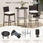 Costway 3 Piece Outdoor Bar Set Patio Rattan Bar Height Table & Chairs with Glass Tabletop