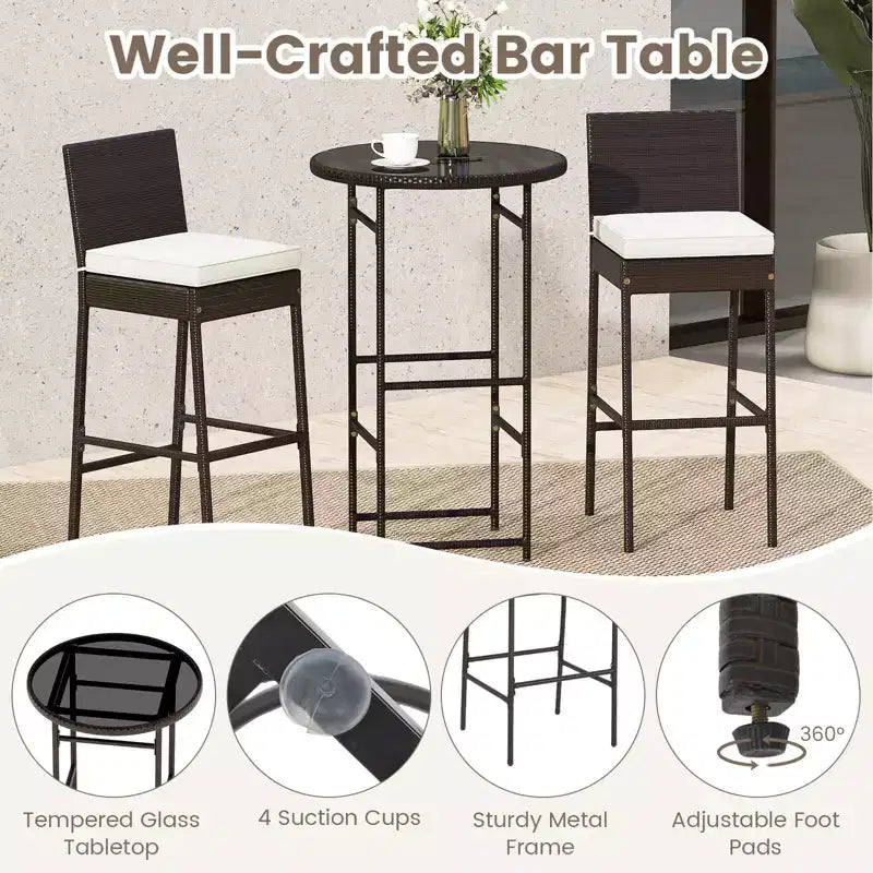Costway 3 Piece Outdoor Bar Set Patio Rattan Bar Height Table & Chairs with Glass Tabletop