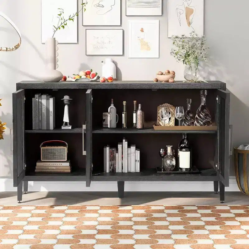 Meuble de rangement en bois Acekool, Buffet d'appoint avec étagère réglable et 3 portes vitrées, Table console pour salon, entrée, cuisine, Gris