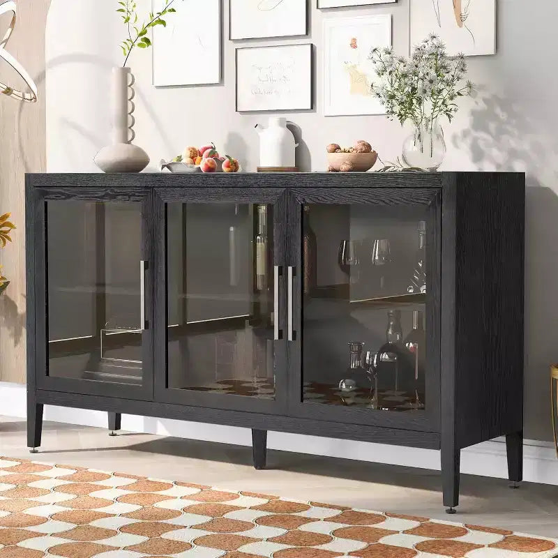 Acekool Wood Storage Cabinet, Accent Cupboard with Adjustable Shelf and 3 Glass Doors, Console Table for Living Room, Entryway, Kitchen, Grey