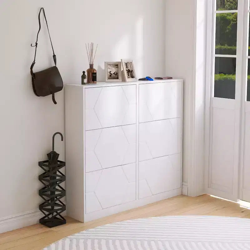 Meuble à chaussures Okak, Organiseur de chaussures autoportant avec 6 tiroirs à abattant, Meuble de rangement à chaussures pour entrée, salon, couloir, Blanc