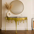 Royal Hampton Sofa Console Table | 36.25 Half Moon Glass Top | Melting Drip Design | Aluminum Cast