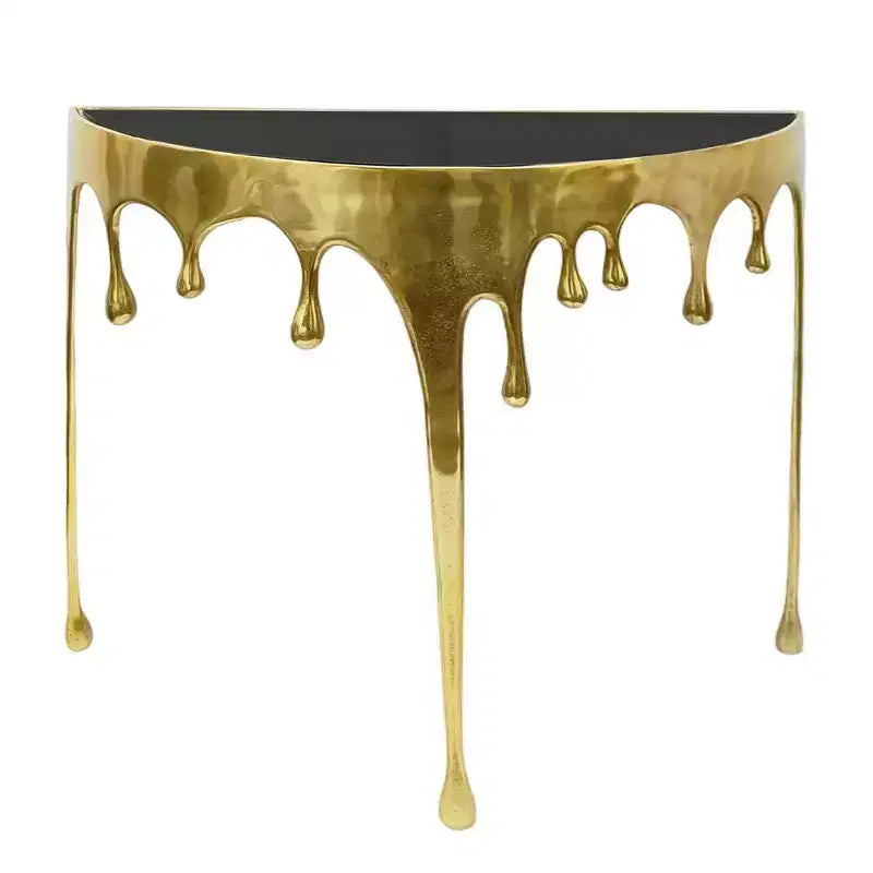 Table Console Sofa Royal Hampton | Dessus en verre demi-lune 36,25 po | Motif de coulure | Fonte d'aluminium