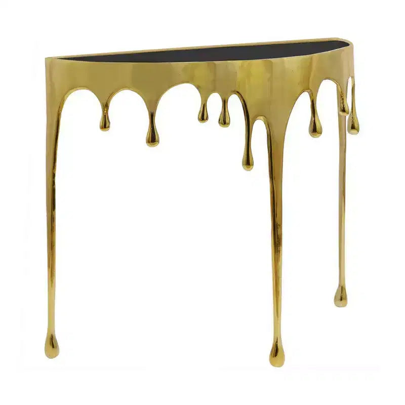Table Console Sofa Royal Hampton | Dessus en verre demi-lune 36,25 po | Motif de coulure | Fonte d'aluminium