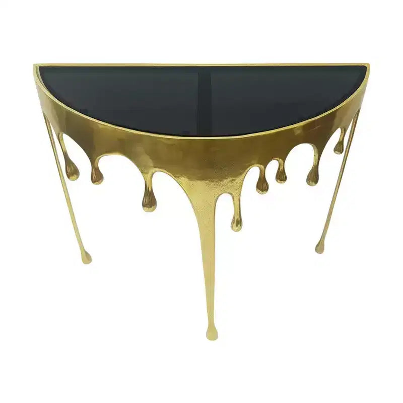Table Console Sofa Royal Hampton | Dessus en verre demi-lune 36,25 po | Motif de coulure | Fonte d'aluminium