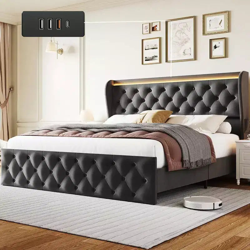 King Bed Frame with LED Lights and Charging Station, Velvet Upholstered Platform Bed Frame with Wingback Headboard, Noise-Free/No Box Spring Needed