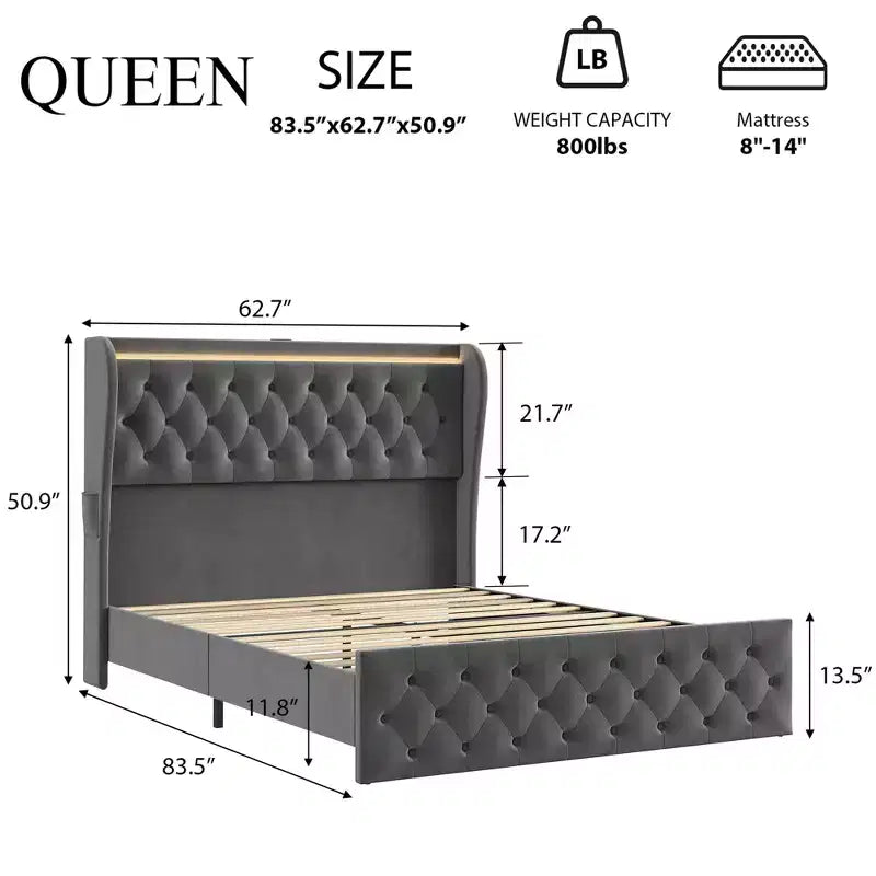 King Bed Frame with LED Lights and Charging Station, Velvet Upholstered Platform Bed Frame with Wingback Headboard, Noise-Free/No Box Spring Needed