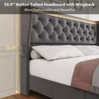 King Bed Frame with LED Lights and Charging Station, Velvet Upholstered Platform Bed Frame with Wingback Headboard, Noise-Free/No Box Spring Needed