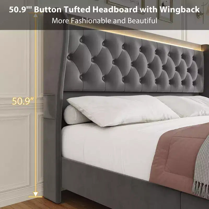 King Bed Frame with LED Lights and Charging Station, Velvet Upholstered Platform Bed Frame with Wingback Headboard, Noise-Free/No Box Spring Needed