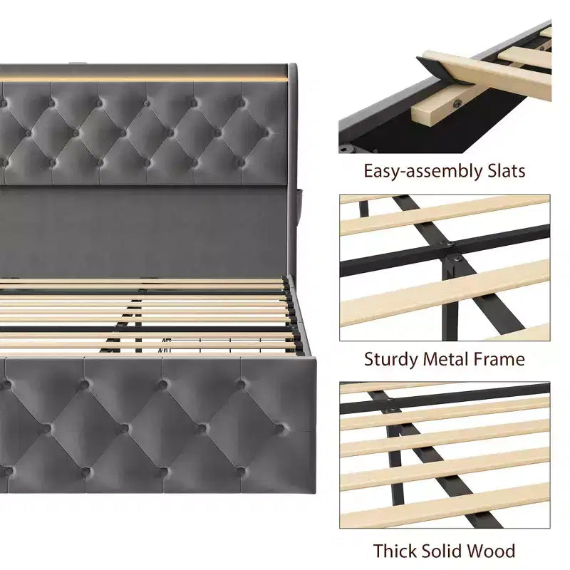 King Bed Frame with LED Lights and Charging Station, Velvet Upholstered Platform Bed Frame with Wingback Headboard, Noise-Free/No Box Spring Needed