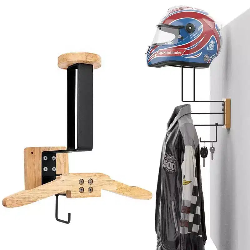 TROPOW Helmet Holder, Multi-Functional Wooden Motorcycle Helmet Stand with Heavy Duty Metal Frame, Wall Mounted Coat Rack for Hallway