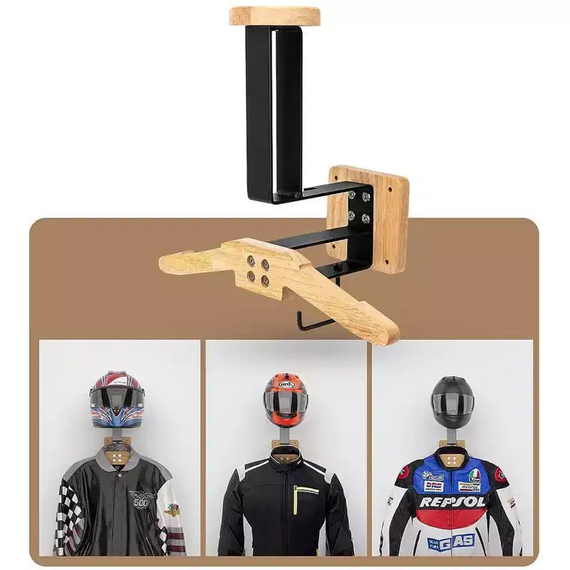 TROPOW Helmet Holder, Multi-Functional Wooden Motorcycle Helmet Stand with Heavy Duty Metal Frame, Wall Mounted Coat Rack for Hallway