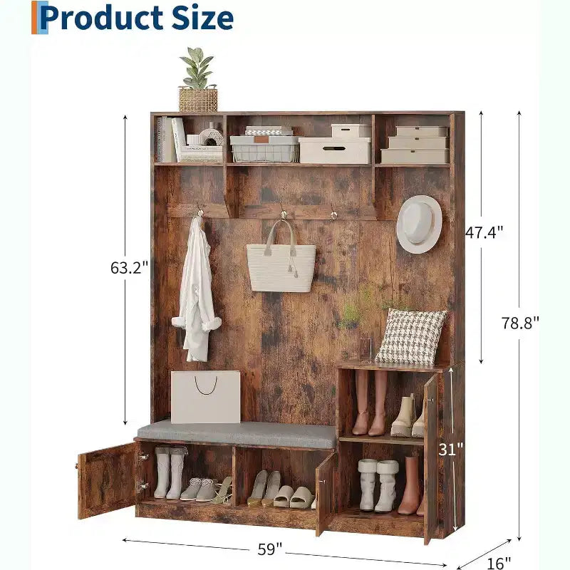 Acekool 79in Hall Tree 5-in-1 Entryway Bench, Coat Rack with 4 Hooks, Storage Cabinets & Open Shelves, for Entryway or Living Room, Rustic White