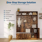Acekool 79in Hall Tree 5-in-1 Entryway Bench, Coat Rack with 4 Hooks, Storage Cabinets & Open Shelves, for Entryway or Living Room, Rustic White