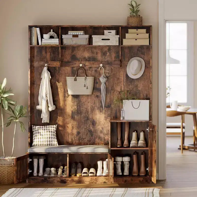 Acekool 79in Hall Tree 5-in-1 Entryway Bench, Coat Rack with 4 Hooks, Storage Cabinets & Open Shelves, for Entryway or Living Room, Rustic White