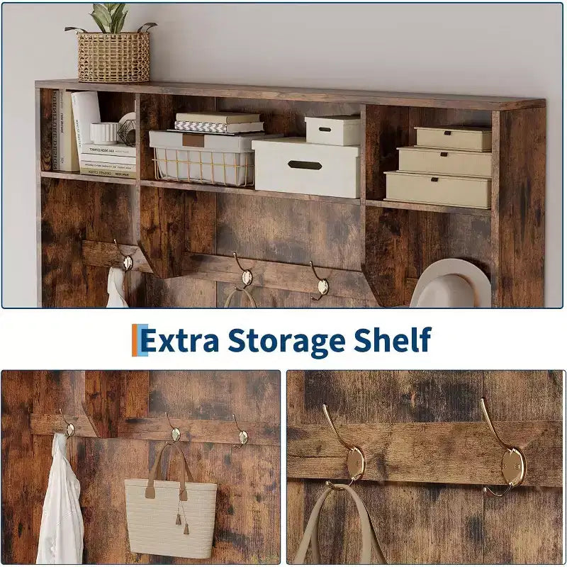 Acekool 79in Hall Tree 5-in-1 Entryway Bench, Coat Rack with 4 Hooks, Storage Cabinets & Open Shelves, for Entryway or Living Room, Rustic White