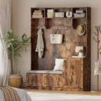 Acekool 79in Hall Tree 5-in-1 Entryway Bench, Coat Rack with 4 Hooks, Storage Cabinets & Open Shelves, for Entryway or Living Room, Rustic White