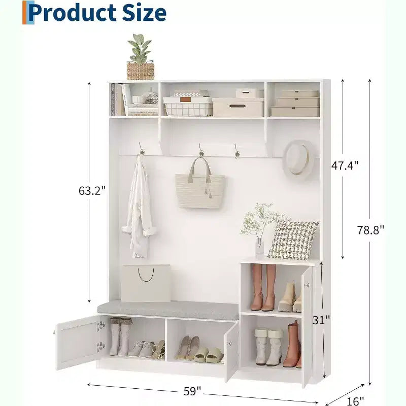 Acekool 79in Hall Tree 5-in-1 Entryway Bench, Coat Rack with 4 Hooks, Storage Cabinets & Open Shelves, for Entryway or Living Room, Rustic White