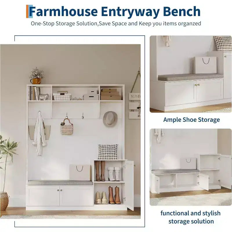 Acekool 79in Hall Tree 5-in-1 Entryway Bench, Coat Rack with 4 Hooks, Storage Cabinets & Open Shelves, for Entryway or Living Room, Rustic White