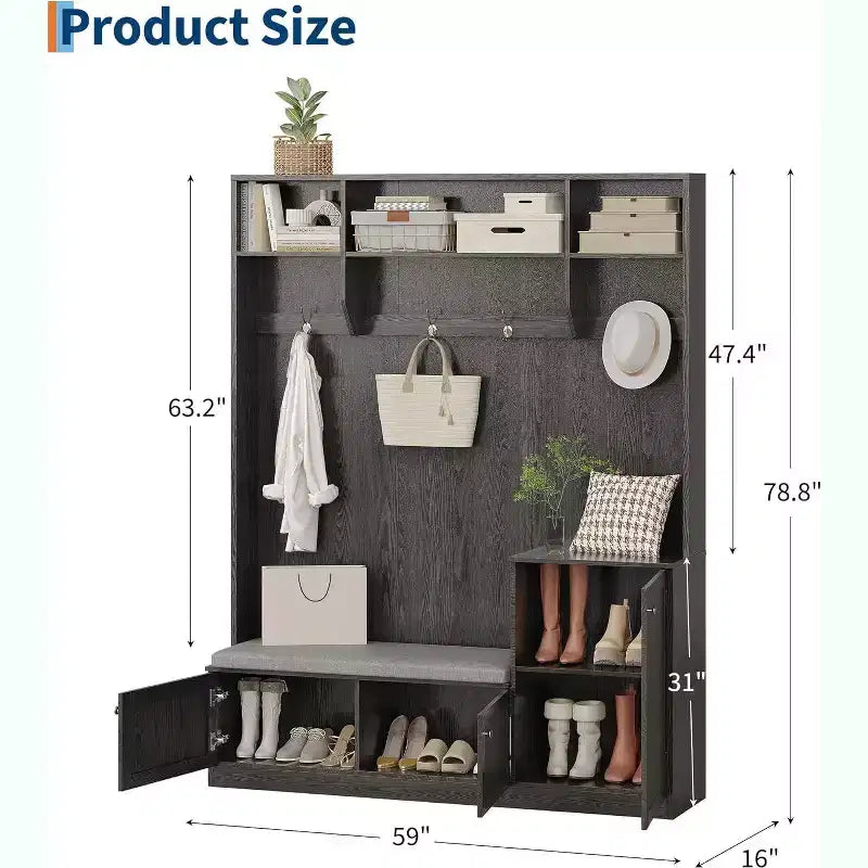 Acekool 79in Hall Tree 5-in-1 Entryway Bench, Coat Rack with 4 Hooks, Storage Cabinets & Open Shelves, for Entryway or Living Room, Rustic White