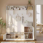 Acekool 79in Hall Tree 5-in-1 Entryway Bench, Coat Rack with 4 Hooks, Storage Cabinets & Open Shelves, for Entryway or Living Room, Rustic White