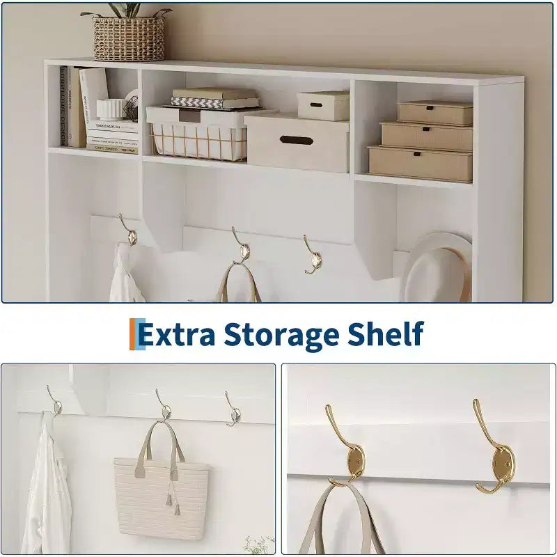 Acekool 79in Hall Tree 5-in-1 Entryway Bench, Coat Rack with 4 Hooks, Storage Cabinets & Open Shelves, for Entryway or Living Room, Rustic White