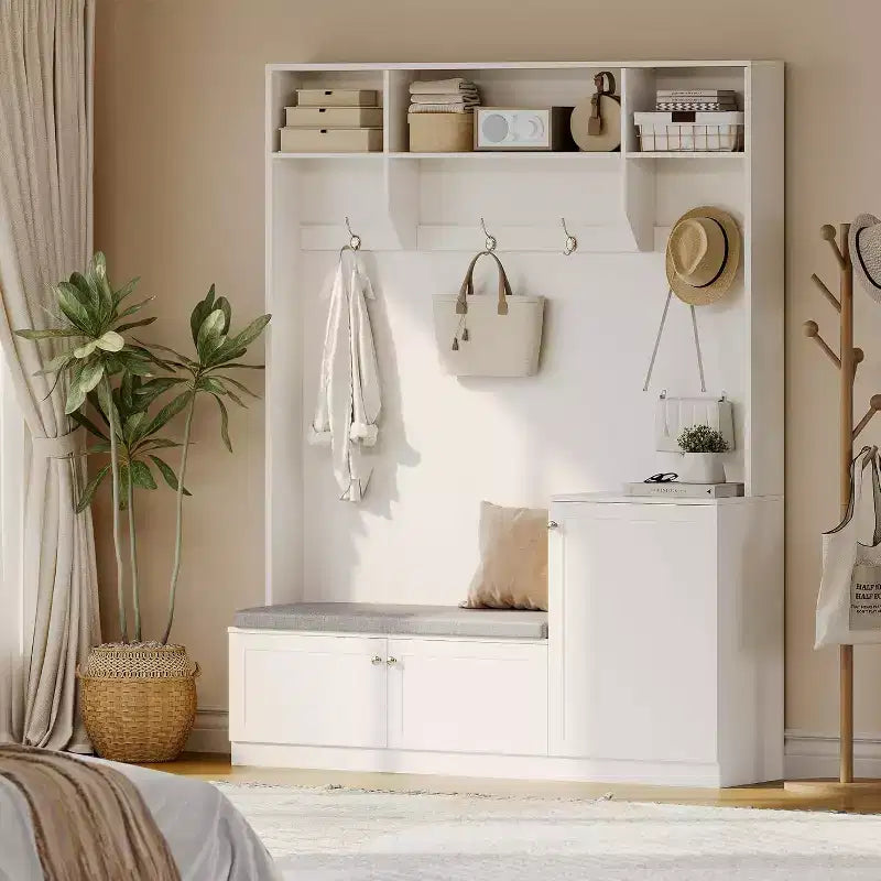 Acekool 79in Hall Tree 5-in-1 Entryway Bench, Coat Rack with 4 Hooks, Storage Cabinets & Open Shelves, for Entryway or Living Room, Rustic White
