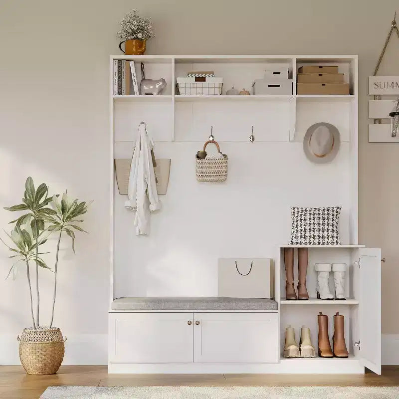 Acekool 79in Hall Tree 5-in-1 Entryway Bench, Coat Rack with 4 Hooks, Storage Cabinets & Open Shelves, for Entryway or Living Room, Rustic White