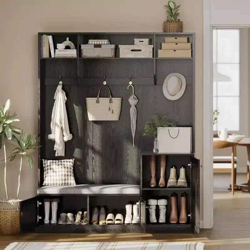 Acekool 79in Hall Tree 5-in-1 Entryway Bench, Coat Rack with 4 Hooks, Storage Cabinets & Open Shelves, for Entryway or Living Room, Rustic White