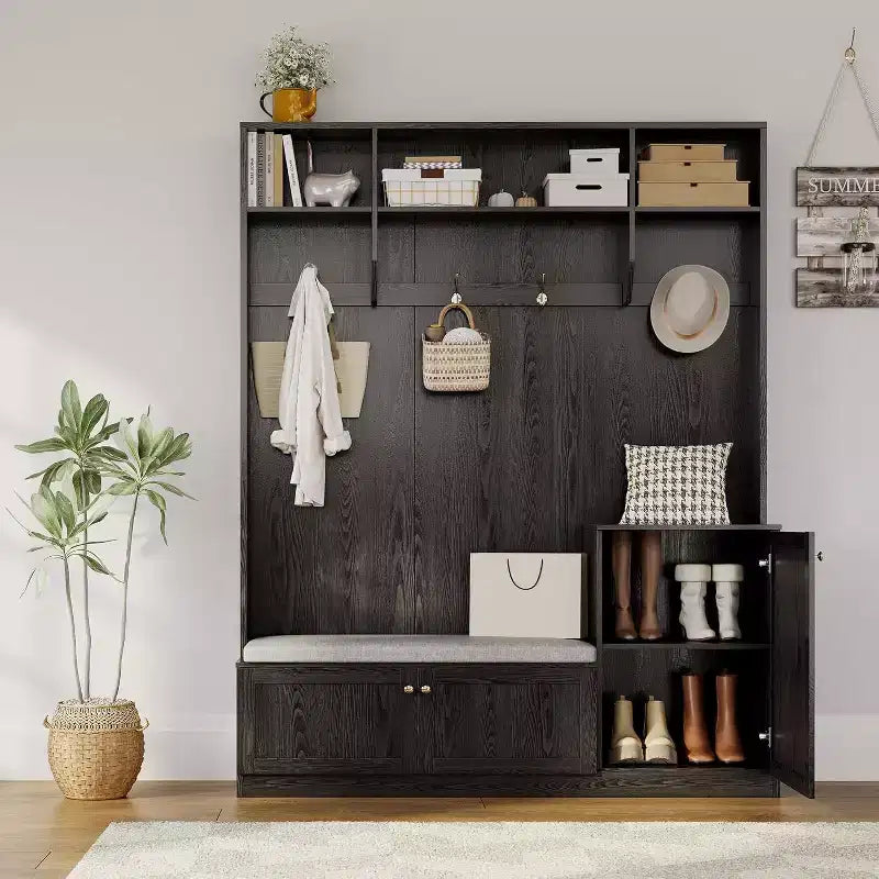 Acekool 79in Hall Tree 5-in-1 Entryway Bench, Coat Rack with 4 Hooks, Storage Cabinets & Open Shelves, for Entryway or Living Room, Rustic White