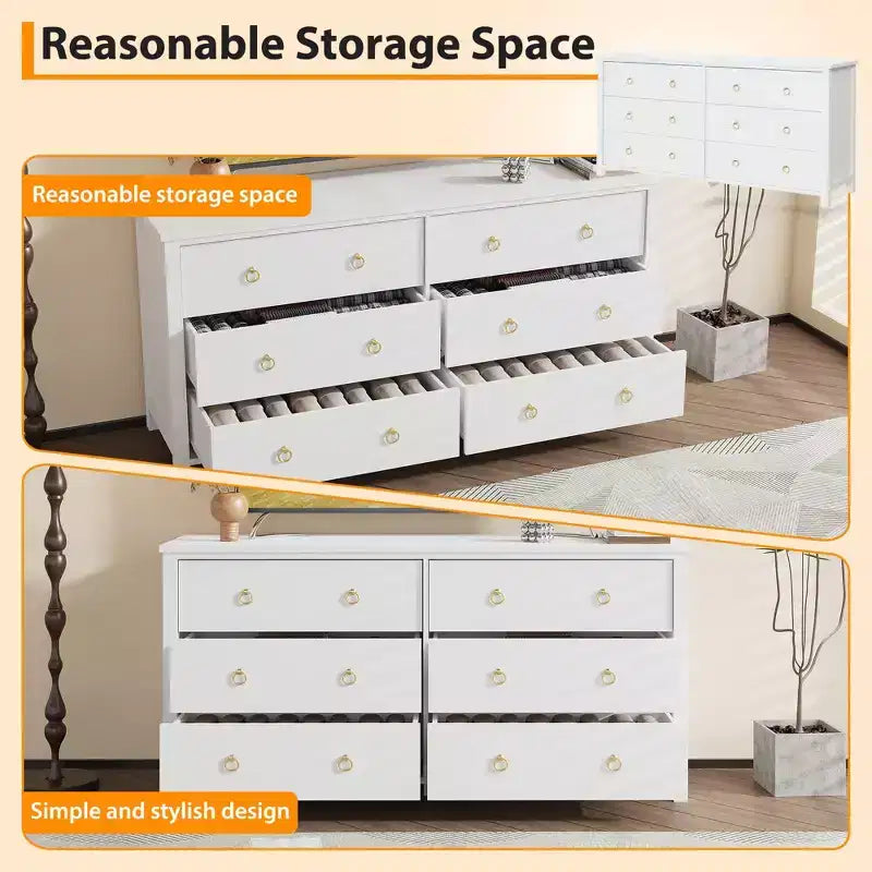 Dresser for Bedroom with 6 Drawers, Wooden Chest with Clothes Storage CabinetWide Dresser with Chest of Drawers,Black