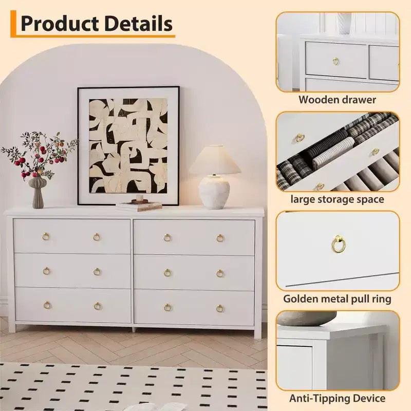 Dresser for Bedroom with 6 Drawers, Wooden Chest with Clothes Storage CabinetWide Dresser with Chest of Drawers,Black