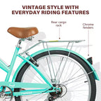 Hykolity 26 Inch Beach Cruiser Bike 7-Speed Commuter Bicycle Outdoor City Bike for Women with Rear Rack High-Carbon Steel Front Rear Fenders & Basket