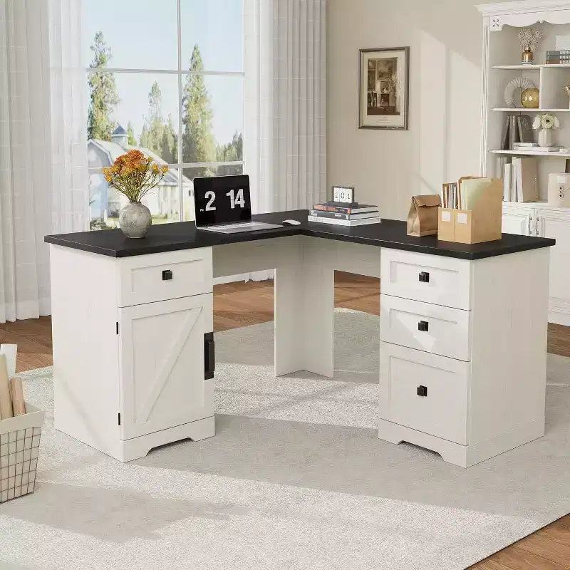 Bureau d'angle style ferme de 60 pouces en L - Tiroirs de classement et meuble de rangement, bureau d'ordinateur d'angle pour bureau à domicile
