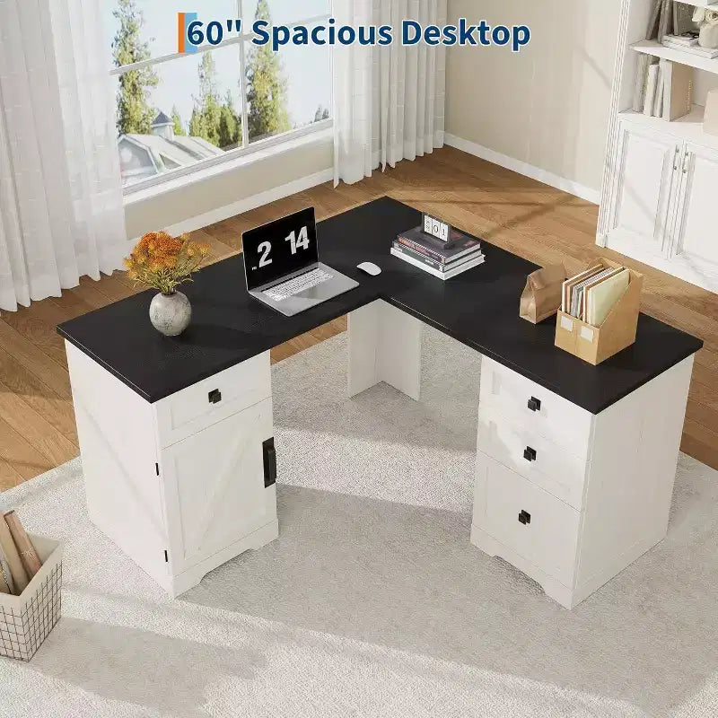 Bureau d'angle style ferme de 60 pouces en L - Tiroirs de classement et meuble de rangement, bureau d'ordinateur d'angle pour bureau à domicile